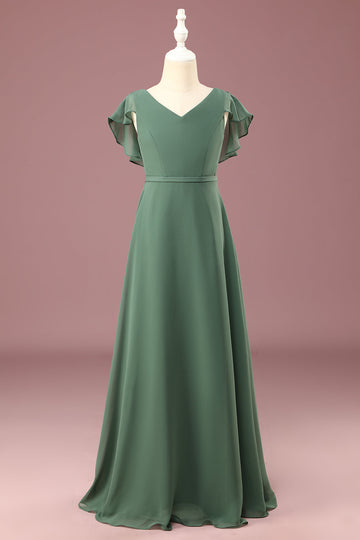 Eucalyptus A-line Long Cap Sleeve Chiffon Junior Bridesmaid Dress